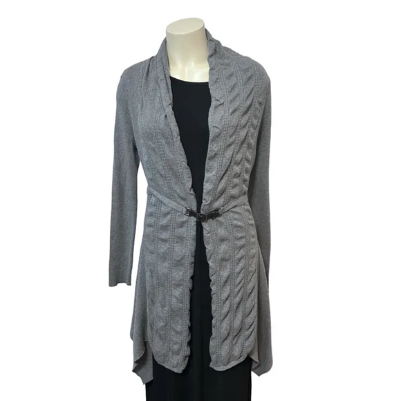 Cache Gray Draped Open Front Cardigan Sweater L Belted Faux Leather Shawl Collar - Picture 1 of 9